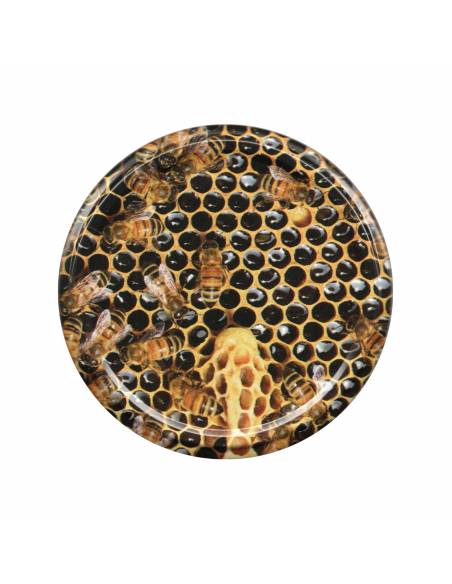 Paczka DUŻYCH nakrętek na słoiki z miodem (50szt) CIEMNE, PSZCZOŁY NA PLASTRZE - wzór ND98