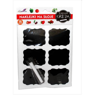 Komplet 18 NAKLEJEK NA SŁOIK 7x4 CM + KREDA