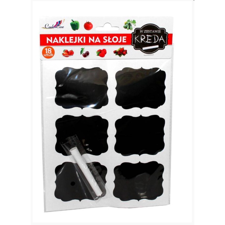 Komplet 18 NAKLEJEK NA SŁOIK 7x4 CM + KREDA