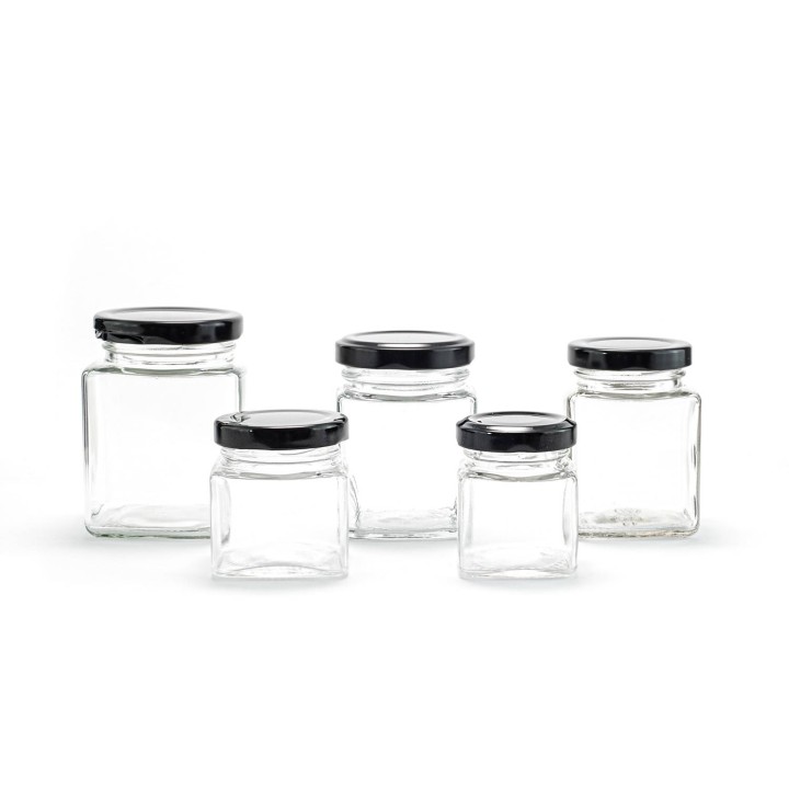 Paczka 12szt słoiczków kwadratowych 80ml z nakrętkami czarnymi - wzór A104