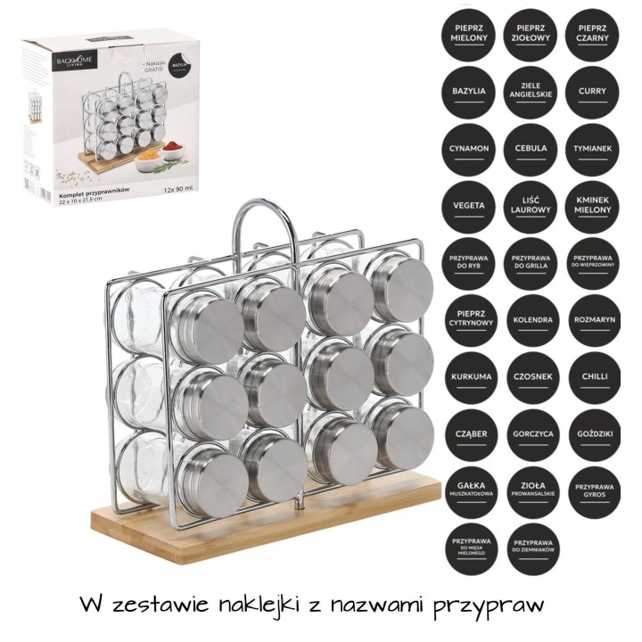 PRZYPRAWNIK PROSTOKĄTNY 22 x 10 x 21,5 CM Z RĄCZKĄ 12 SŁOICZKÓW BAMBUSOWO-SREBRNY - NIW9202