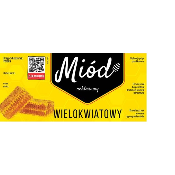 Paczka dużych etykiet na miód wielokwiatowy (100szt) ŻÓŁTE Z KODEM QR - wzór E182