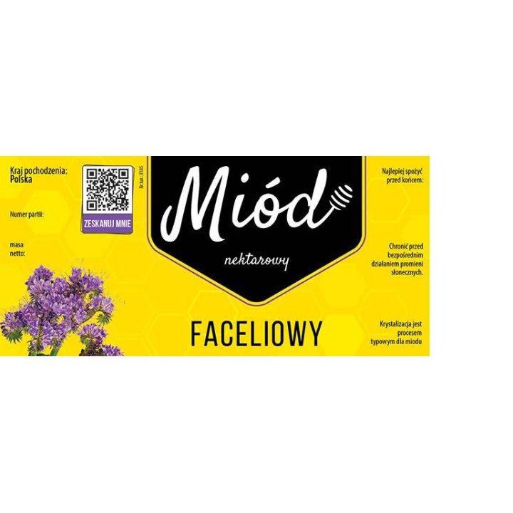 Paczka dużych etykiet na miód faceliowy (100szt) ŻÓŁTE Z KODEM QR - wzór E185