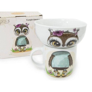 PORCELANOWY ZESTAW NACZYŃ (KUBEK + MISKA) - SOWA