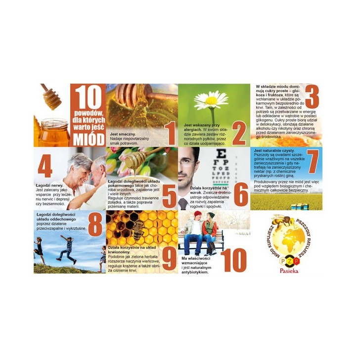 Ulotki informacyjne o miodzie  "10 powodów dla których warto jeść miód" (20szt) - U73