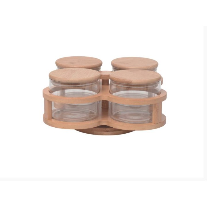Komplet 4 słoików szklanych 700ml z drewnianymi pokrywami na podstawce