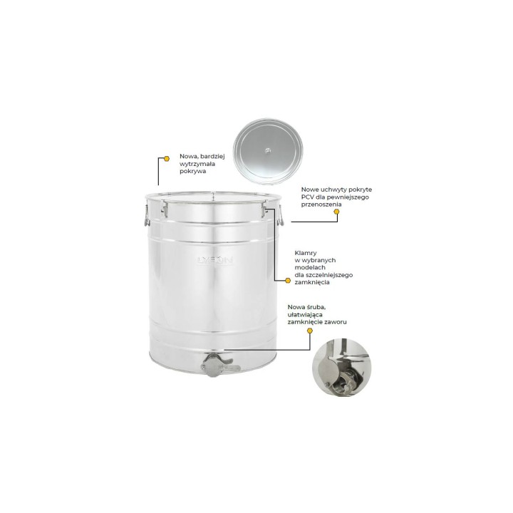 Odstojnik nierdzewny 30 l / ~40 kg, zawór nierdzewny 6/4", uchwyty,  klamry, uszczelka – CLASSIC