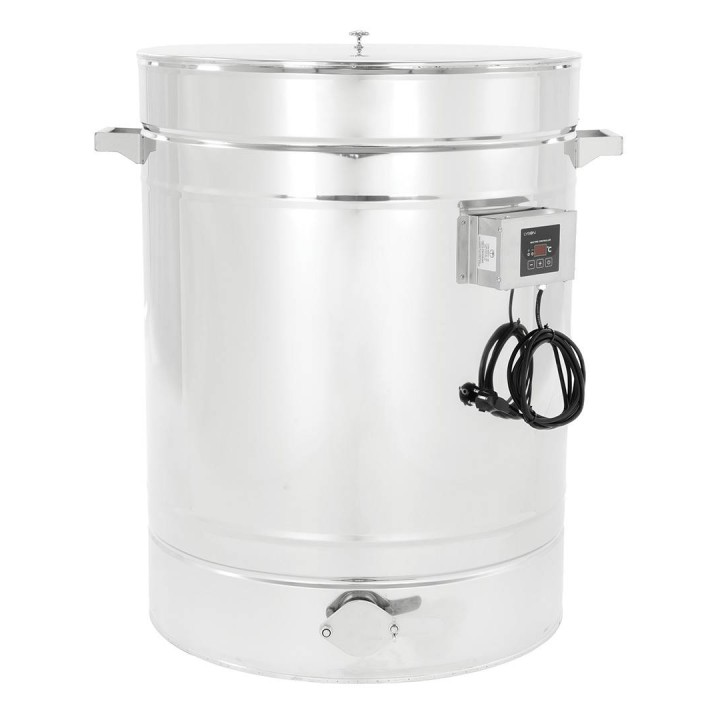 Odstojnik nierdzewny z płaszczem grzewczym 200 l / ~280 kg, 230V, zawór nierdzewny 2", stożkowe dno – PREMIUM