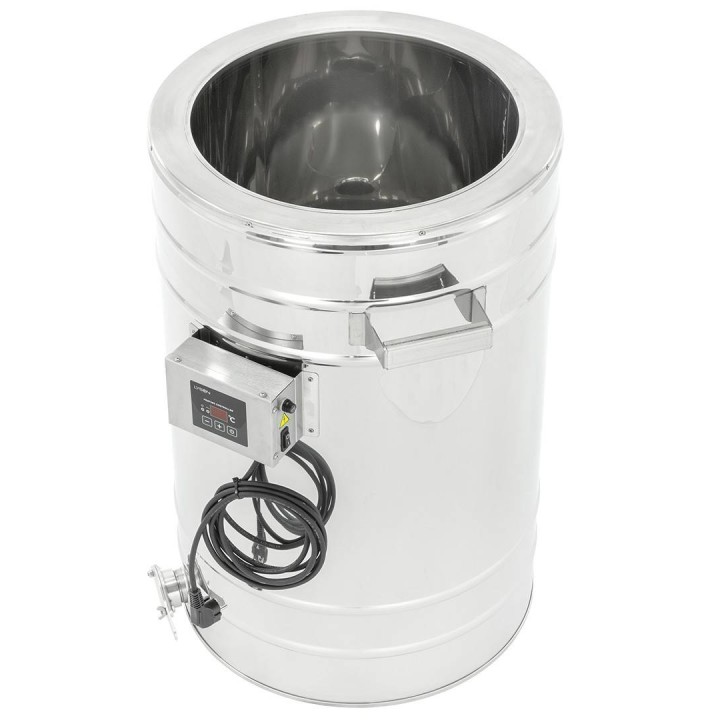 Odstojnik nierdzewny z płaszczem grzewczym 70 l / ~98 kg, 230V, zawór nierdzewny 6/4", stożkowe dno – PREMIUM