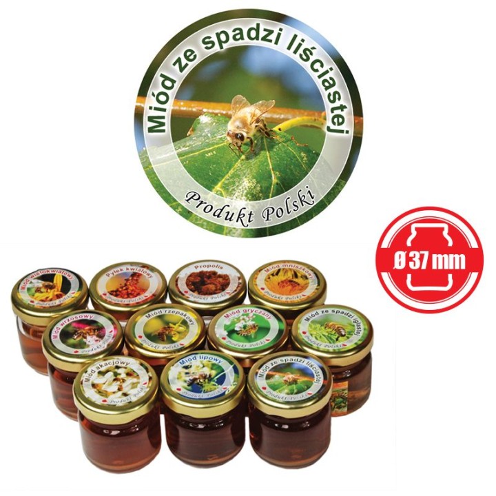 Paczka etykiet mini okrągłych na miód ze spadzi liściastej (100szt) - wzór EK7