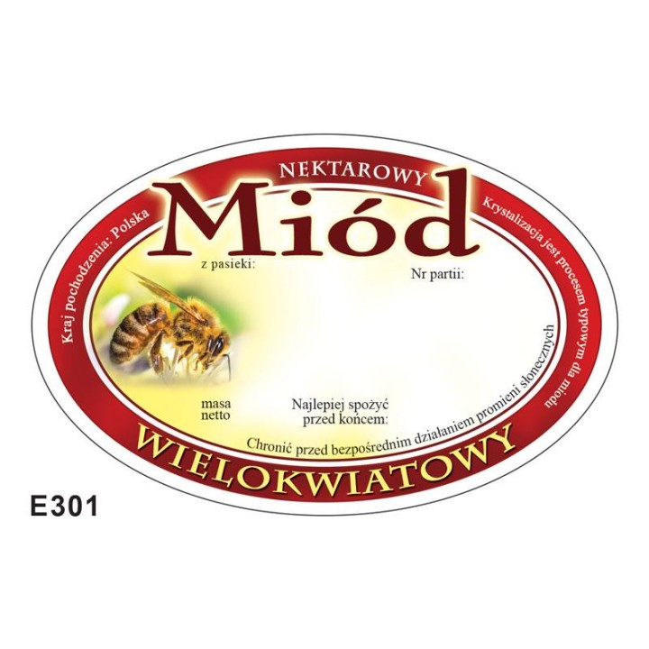 Paczka etykiet owalnych na miód wielokwiatowy (100szt) - wzór E301