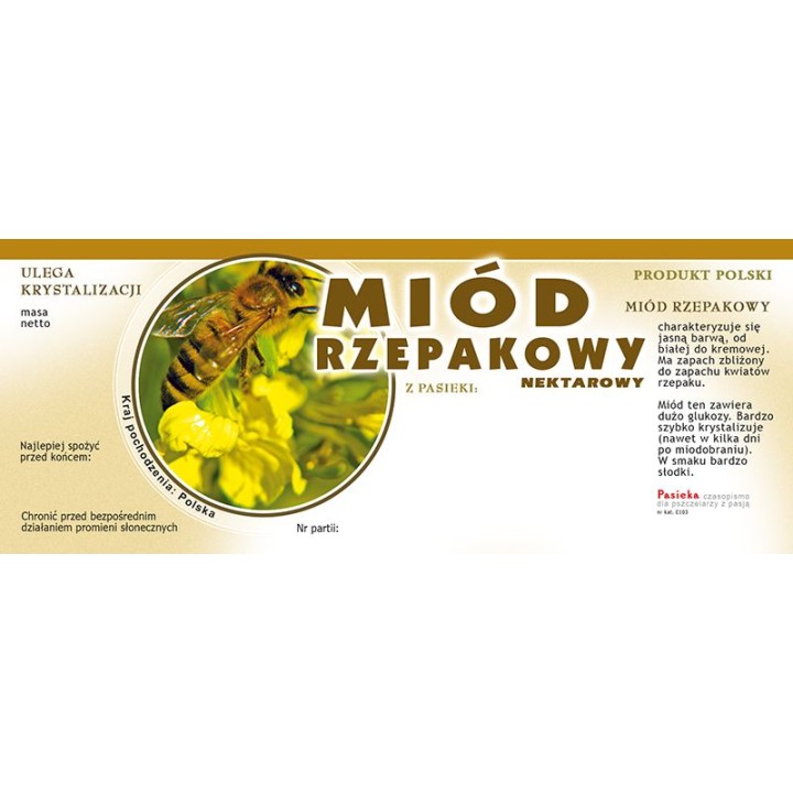 Paczka dużych etykiet na miód rzepakowy - wzór E103