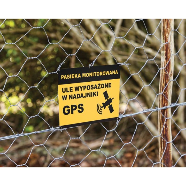 Duża tablica ostrzegawcza "PASIEKA MONITOROWANA - ULE WYPOSAŻONE W NADAJNIKI GPS" - wzór F381