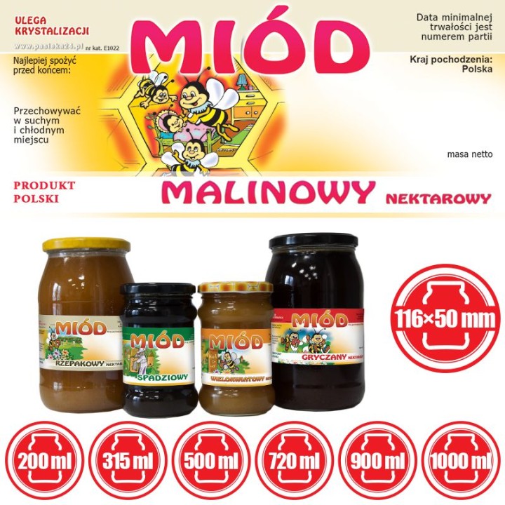 Paczka etykiet na miód malinowy 116x50 (100szt) - wzór E1022