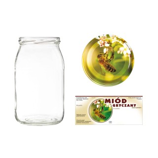 Słoiki 0,9 litra (48 szt) + nakrętki fi82 (50 szt) + etykiety na miód gryczany 116x50 (100 szt) - A5ND114E1102