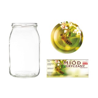 Słoiki 0,9 litra (48 szt) + nakrętki fi82 (50 szt) + etykiety na miód gryczany 116x50 (100 szt) - A5ND114E14