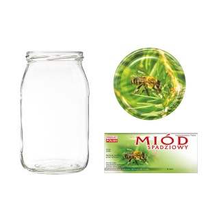 Słoiki 0,9 litra (48 szt) + nakrętki fi82 (50 szt) + etykiety na miód ze spadzi iglastej 116x50 (100 szt) - A5ND116E16