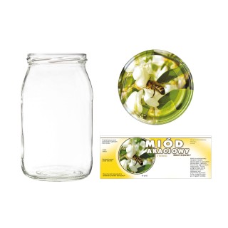 Słoiki 0,9 litra (48 szt) + nakrętki fi82 (50 szt) + etykiety na miód akacjowy 154x60 (100 szt) - A5ND117E105
