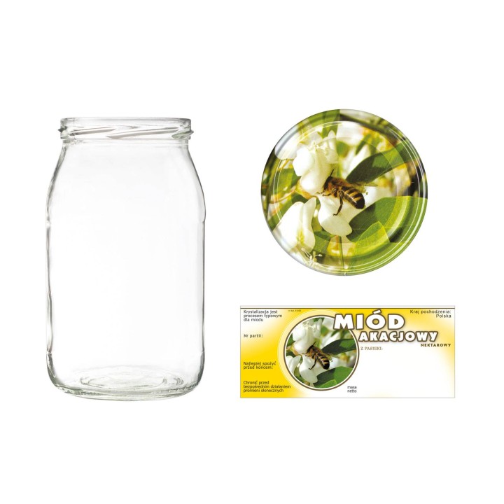 Słoiki 0,9 litra (48 szt) + nakrętki fi82 (50 szt) + etykiety na miód akacjowy 116x50 (100 szt) - A5ND117E1105