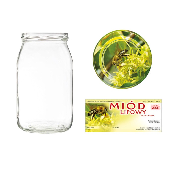 Słoiki 0,9 litra (48 szt) + nakrętki fi82 (50 szt) + etykiety na miód lipowy 116x50 (100 szt) - A5ND66E13