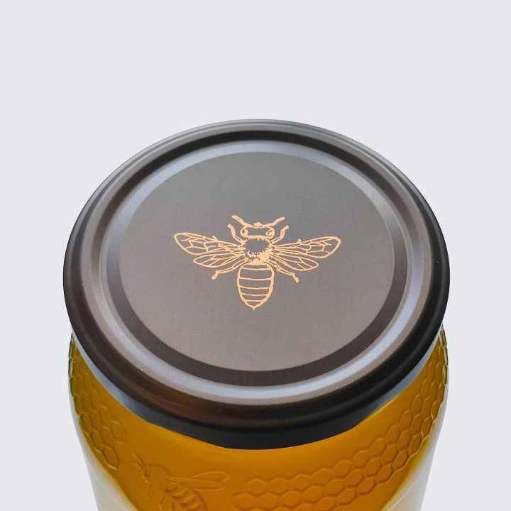 Paczka DUŻYCH nakrętek na słoiki z miodem (50szt) czarne z pszczołą MATOWE - wzór ND121