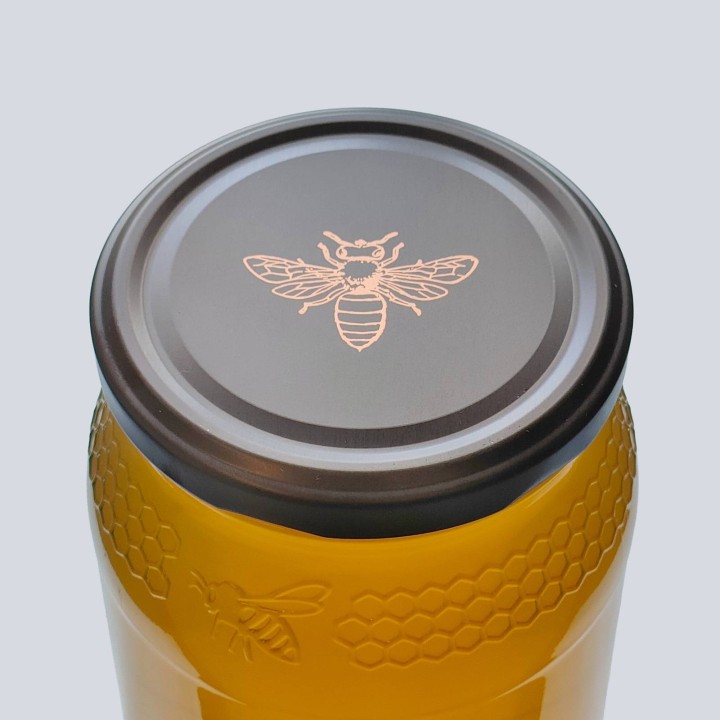 Paczka DUŻYCH nakrętek na słoiki z miodem (50szt) czarne z pszczołą MATOWE - wzór ND121