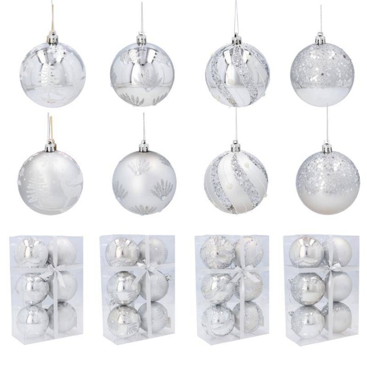 KPL. 6 BOMBEK CHOINKOWYCH 8 CM SREBRNE MIX WZORÓW - BAI9891