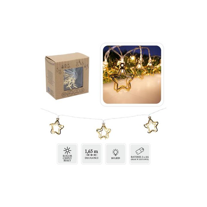 ŁAŃCUCH ŚWIETLNY LED ZŁOTY METALOWY - GWIAZDKA 3D 10L NA BATERIE - LED4109