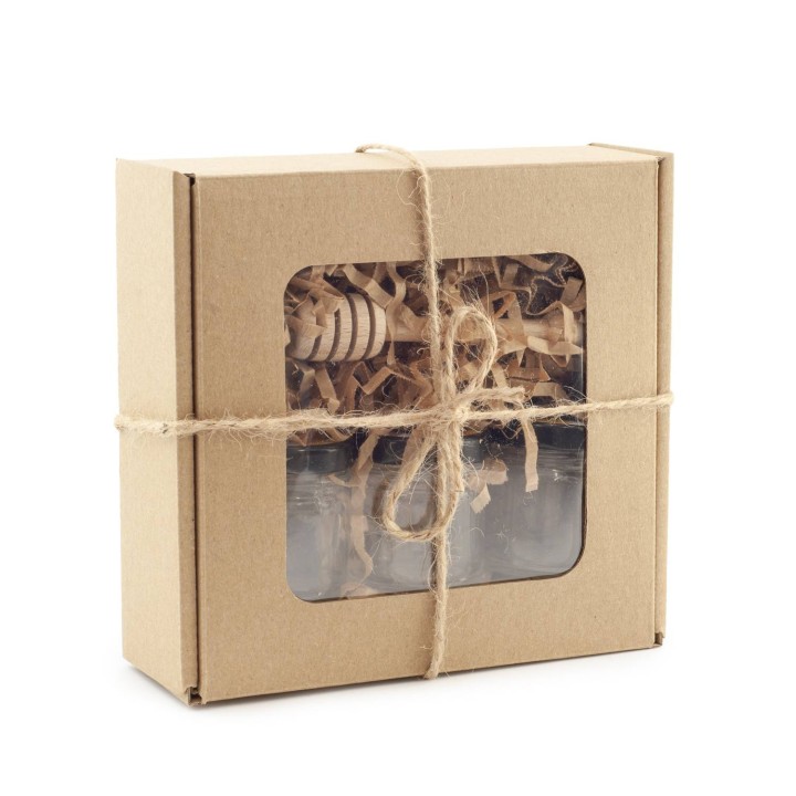 Pudełko prezentowe z okienkiem 15x15x5 + siano + 3x słoik A1bl + SZTPAL10 - PP1