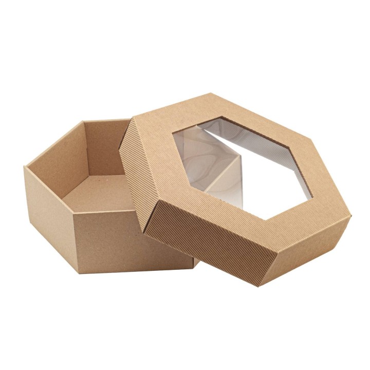 Pudełko prezentowe karbowane z oknem 6-kątne HEKSAGON 240x240x90mm - PP3