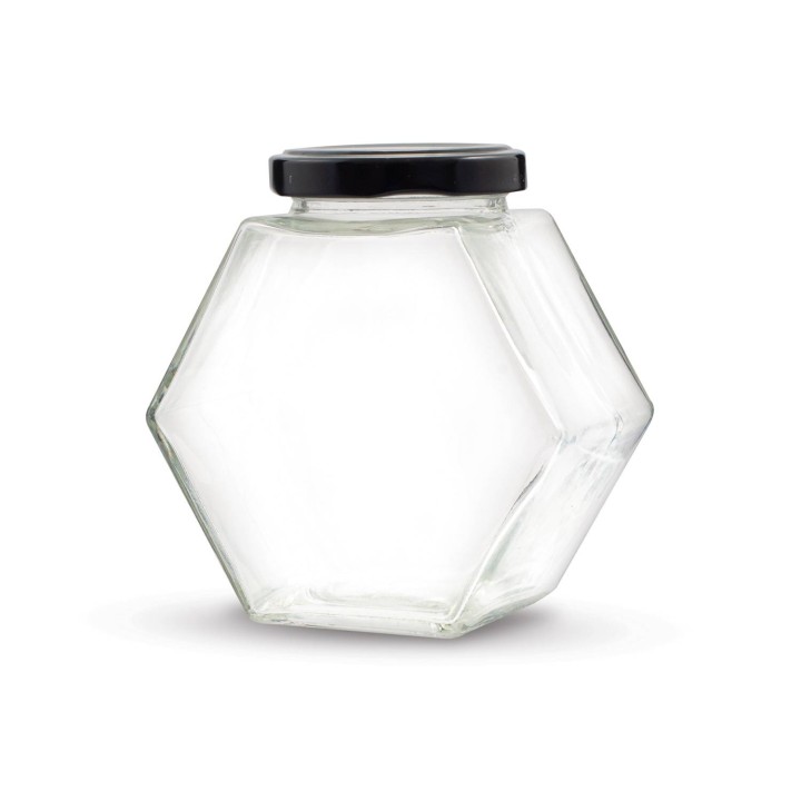 Paczka 12 szt słoiczków 280 ml z czarnymi nakrętkami heksagon - wzór A67