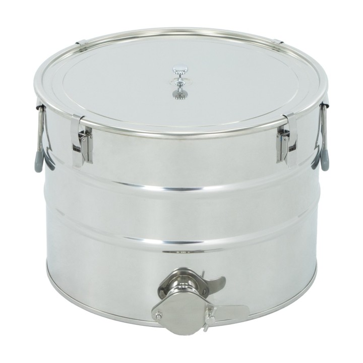 Odstojnik nierdzewny 30 l / ~40 kg, zawór nierdzewny 6/4", uchwyty,  klamry, uszczelka – CLASSIC