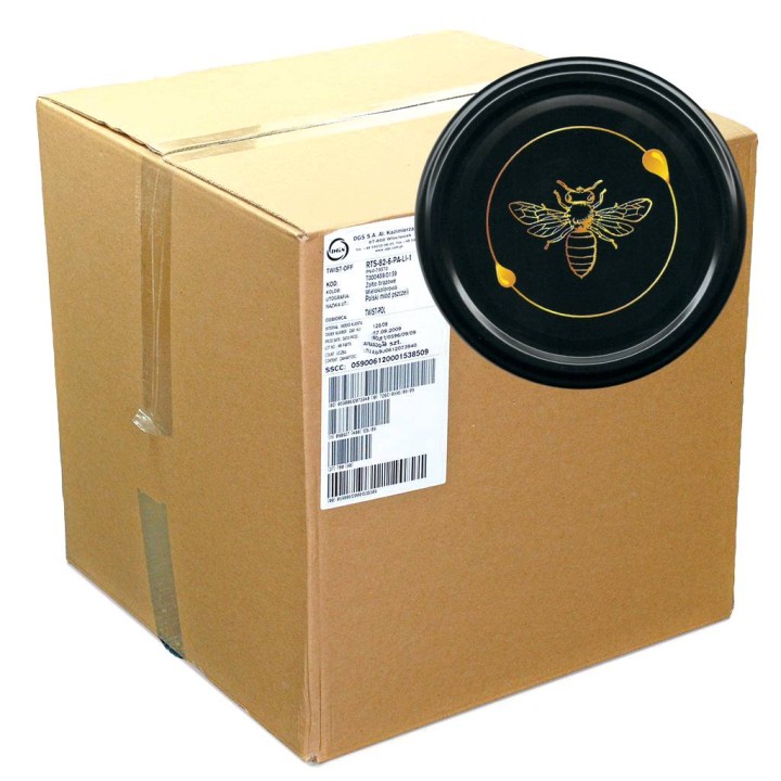Karton zbiorczy (750 szt.) dużych nakrętek CZARNE Z PSZCZOŁĄ I KROPLĄ - wzór 750KND81