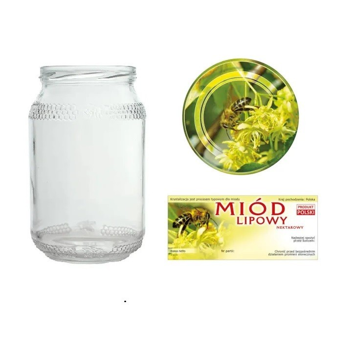 Słoiki 0,9 litra (48 szt) + nakrętki fi82 (50 szt) + etykiety na miód lipowy 116x50 (100 szt) - A82ND66E13