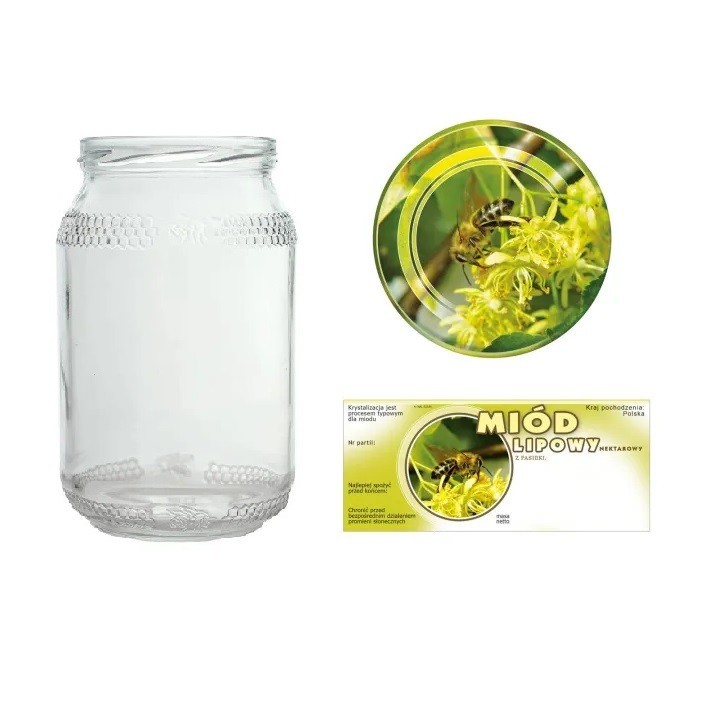 Słoiki 0,9 litra (48 szt) + nakrętki fi82 (50 szt) + etykiety na miód lipowy 116x50 (100 szt) - A82ND66E1101