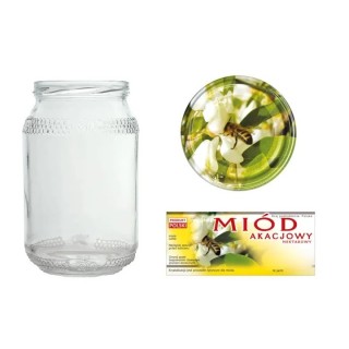Słoiki 0,9 litra (48 szt) + nakrętki fi82 (50 szt) + etykiety na miód akacjowy 116x50 (100 szt) - A82ND117E17