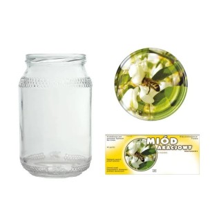 Słoiki 0,9 litra (48 szt) + nakrętki fi82 (50 szt) + etykiety na miód akacjowy 116x50 (100 szt) - A82ND117E1105