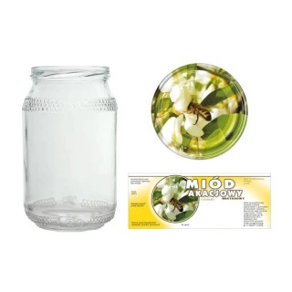Słoiki 0,9 litra (48 szt) + nakrętki fi82 (50 szt) + etykiety na miód akacjowy 154x60 (100 szt) - A82ND117E105
