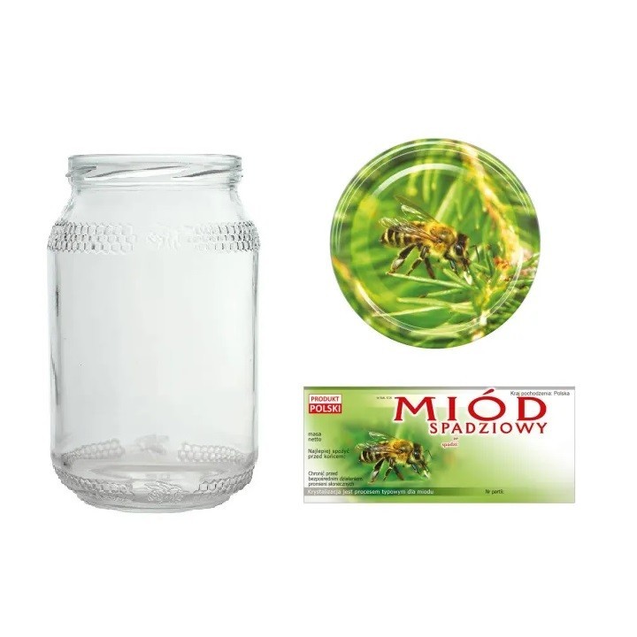 Słoiki 0,9 litra (48 szt) + nakrętki fi82 (50 szt) + etykiety na miód ze spadzi iglastej 116x50 (100 szt) - A82ND116E16