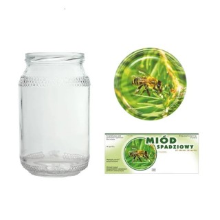 Słoiki 0,9 litra (48 szt) + nakrętki fi82 (50 szt) + etykiety na miód ze spadzi iglastej 116x50 (100 szt) - A82ND116E1104