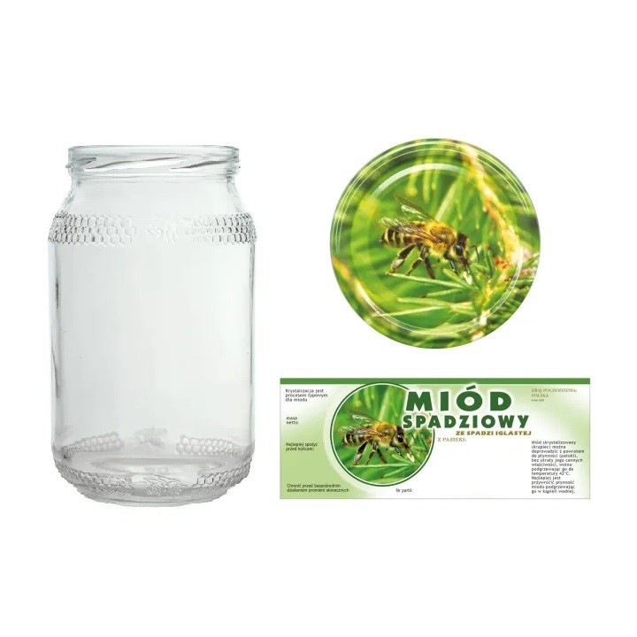 Słoiki 0,9 litra (48 szt) + nakrętki fi82 (50 szt) + etykiety na miód ze spadzi iglastej 154x60 (100 szt) - A82ND116E104