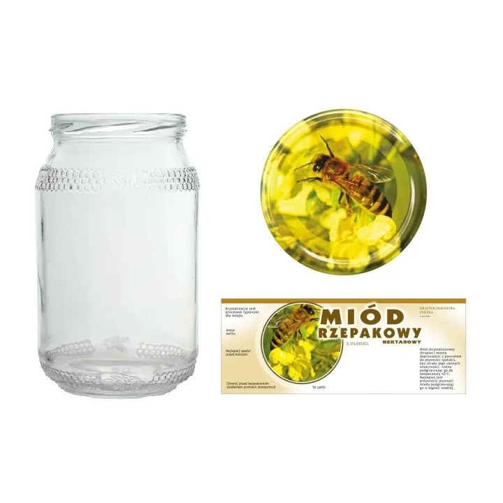 Słoiki 0,9 litra (48 szt) + nakrętki fi82 (50 szt) + etykiety na miód rzepakowy 154x60 (100 szt) - A82ND115E103