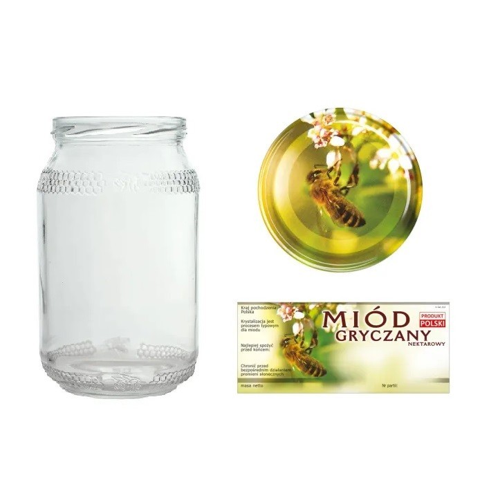 Słoiki 0,9 litra (48 szt) + nakrętki fi82 (50 szt) + etykiety na miód gryczany 116x50 (100 szt) - A82ND114E14