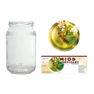 Słoiki 0,9 litra (48 szt) + nakrętki fi82 (50 szt) + etykiety na miód gryczany 154x60 (100 szt) - A82ND114E102