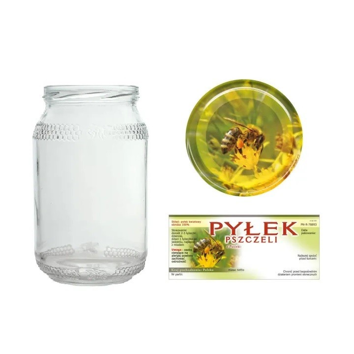 Słoiki 0,9 litra (48 szt) + nakrętki fi82 (50 szt) + etykiety na pyłek 116x50 (50 szt) - wzór A82ND110EP2