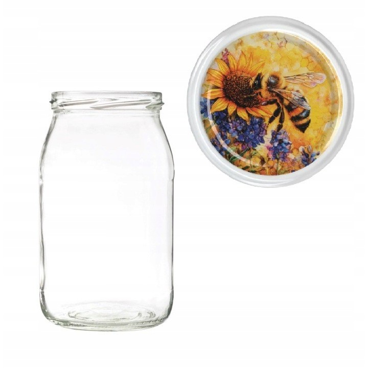 Karton słoików 0,9 litra (48 szt) + nakrętki fi 82 (50 szt) wzór PSZCZOŁA NA KWIATACH - KA5ND124