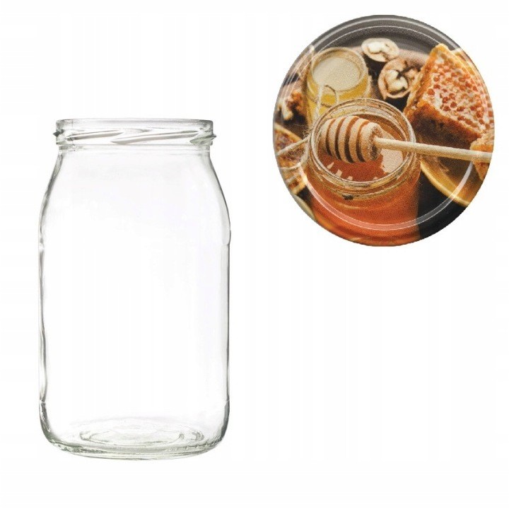 Karton słoików 0,9 litra (48 szt) + nakrętki fi 82 (50 szt) - wzór MIÓD I PLASTER - KA5ND83