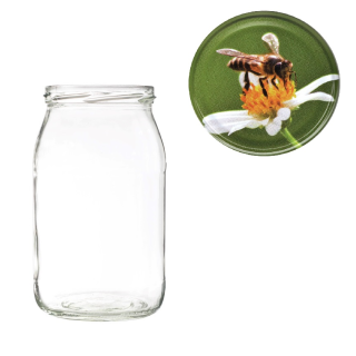 Karton słoików 0,9 litra (48 szt) + nakrętki fi 82 (50 szt) wzór PSZCZOŁA NA BIAŁYM KWIATKU - KA5ND95