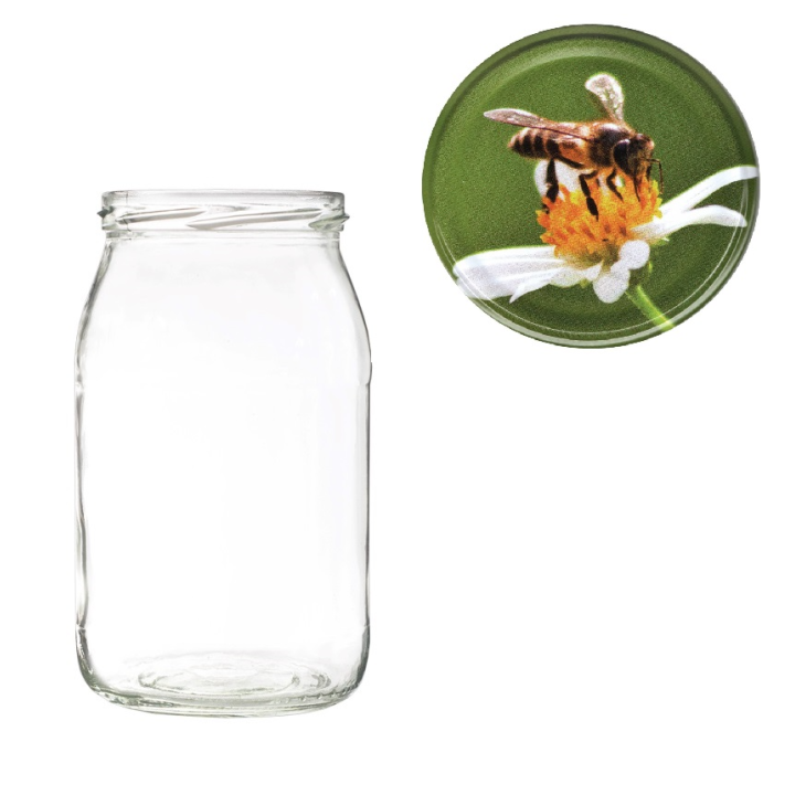 Karton słoików 0,9 litra (48 szt) + nakrętki fi 82 (50 szt) wzór PSZCZOŁA NA BIAŁYM KWIATKU - KA5ND95