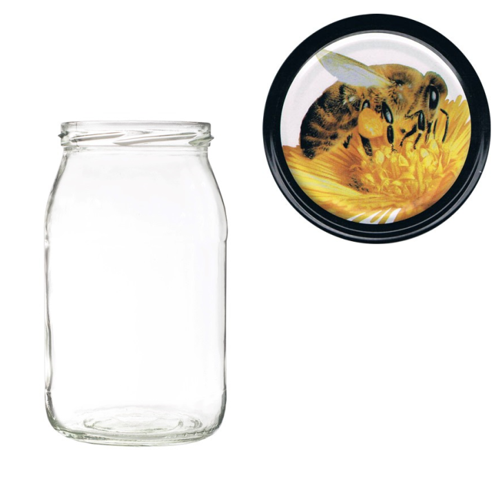Karton słoików 0,9 litra (48 szt) + nakrętki fi 82 (50 szt) wzór PSZCZOŁY NA KWIATKU - KA5ND25